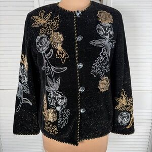 Vintage Embroidered Black & Gold Jacket with Sparkle – Estimated Size S/M